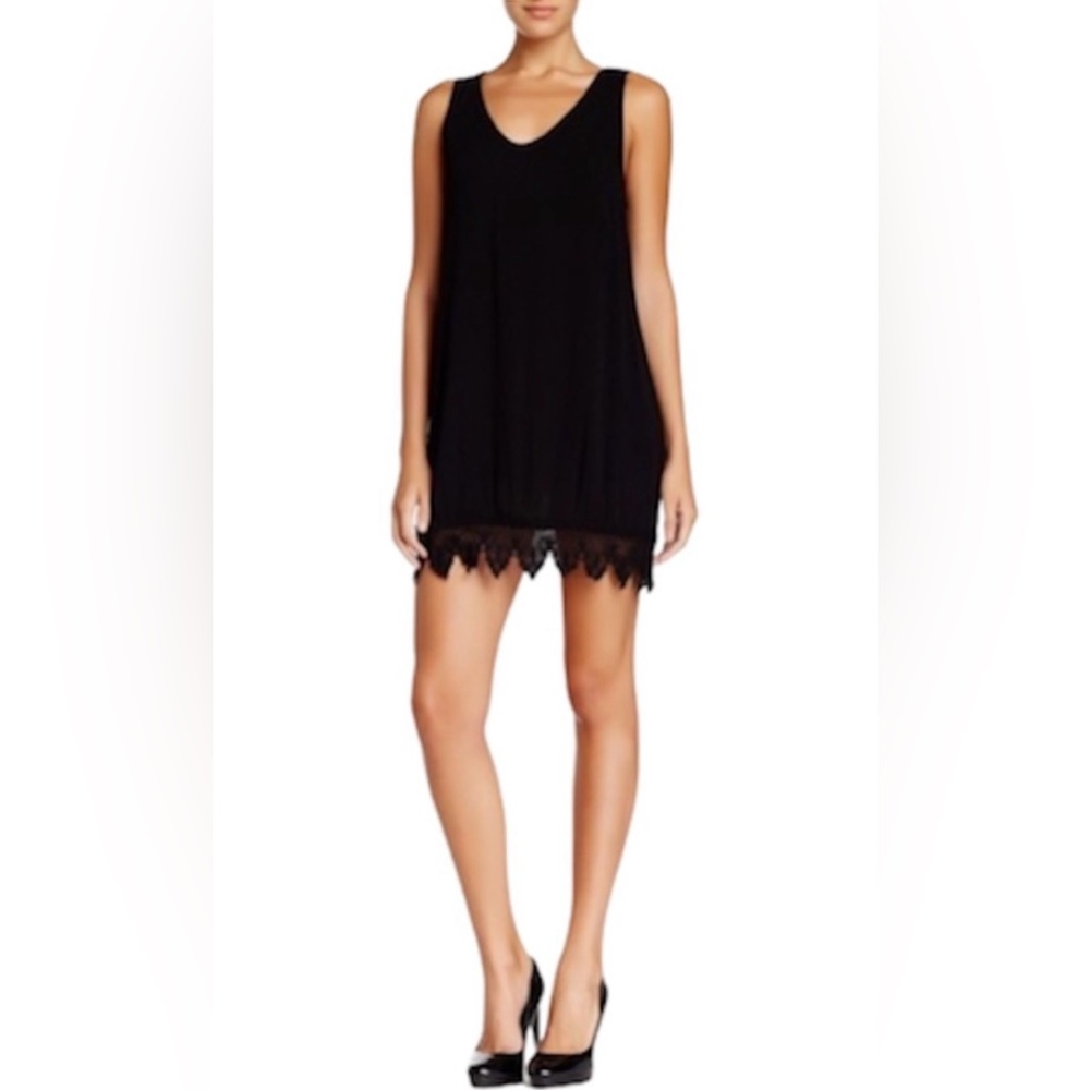 ASTR the Label Crochet Hem Sleeveless Black Rayon Mini‎ Shift Dress Size Large